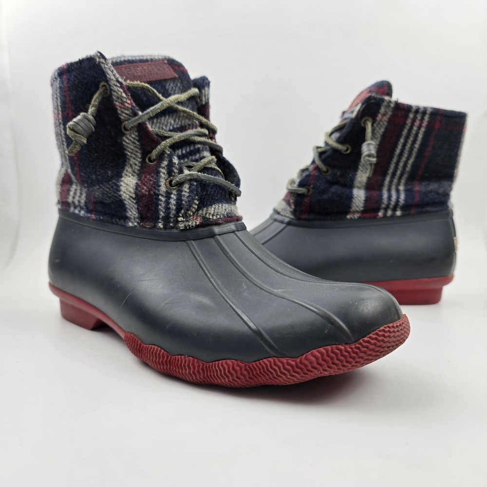 Sperry Saltwater Duck‎ Boots Womens 10 M Blue Red Wool Plaid Waterproof Rubber - Picture 2 of 12
